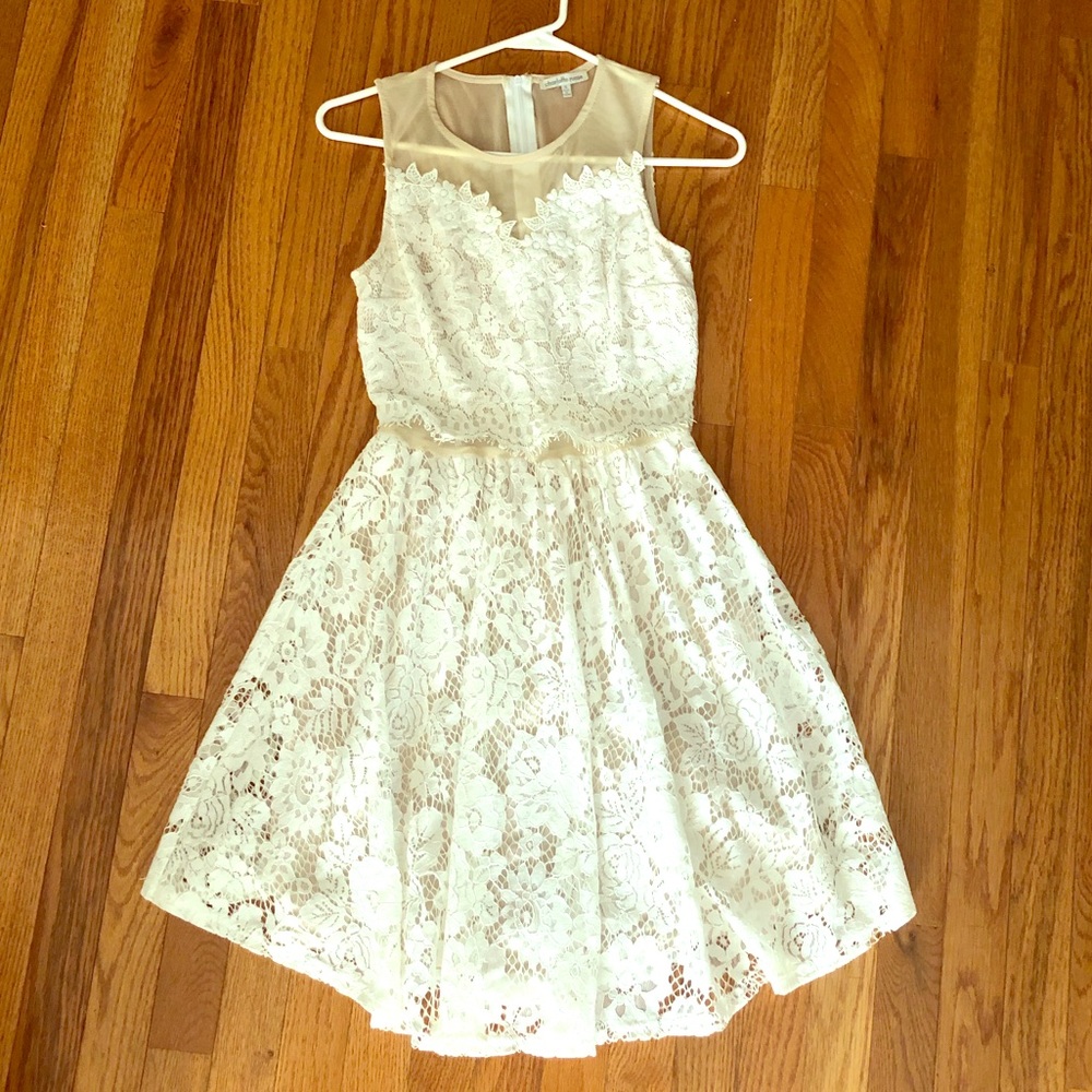 Beautiful white lace dress! With nude sheer top